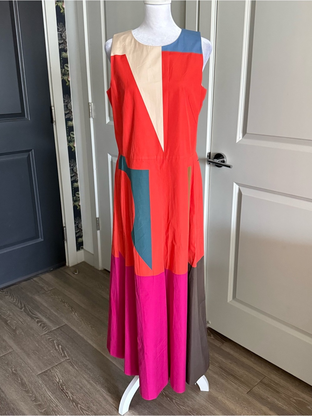 AKRIS Multicolored Colorblock Poplin A-Line Midi Dress Size 8